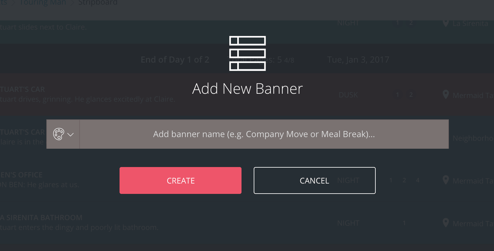 Shooting Schedule Template and Film Scheduling Software - Add a New Banner to Stripboard - StudioBinder Film Production Management Software