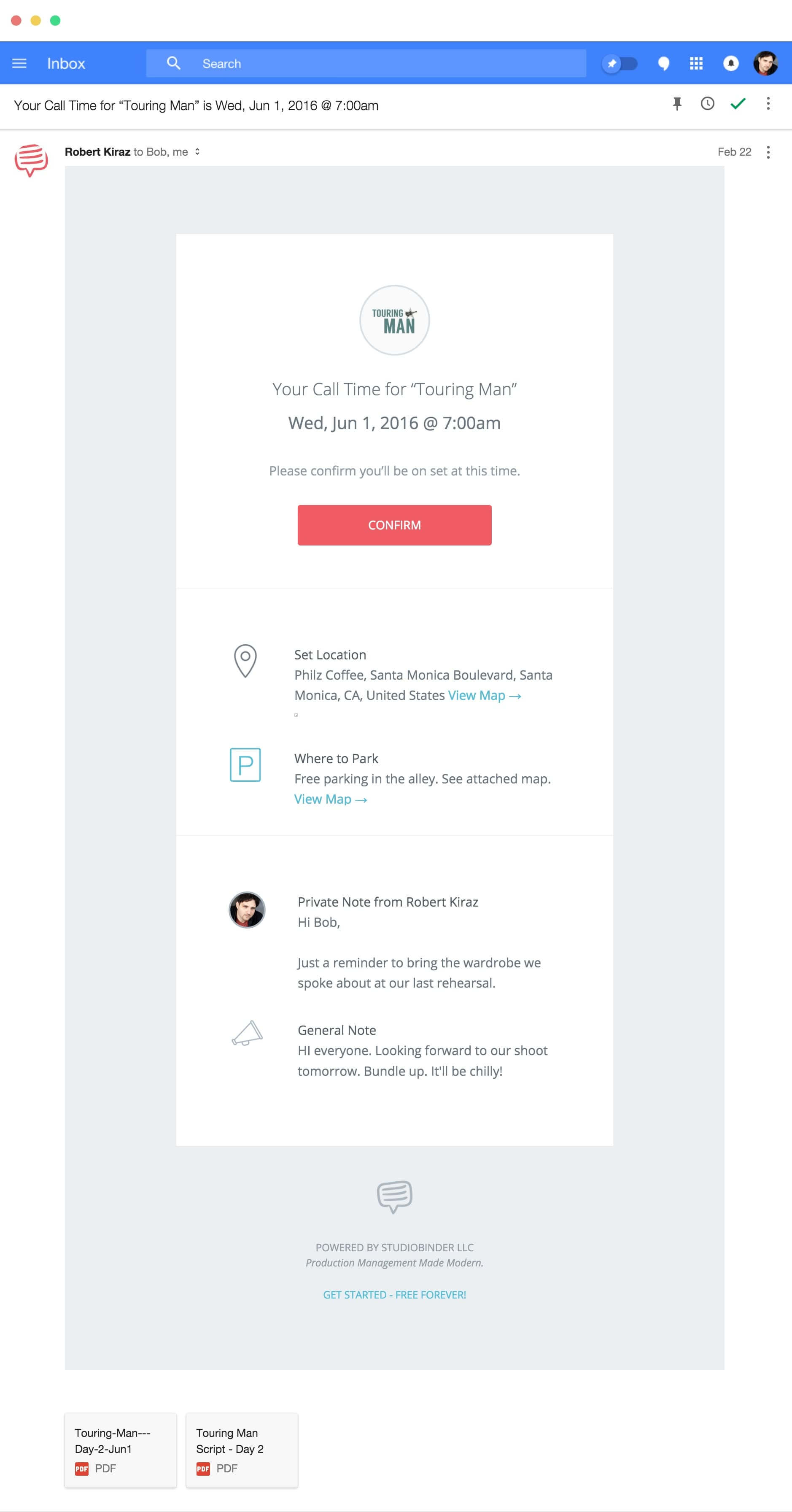 Alternative to Celtx Studio vs StudioBinder Video TV and Film Production Management Software - Personalized Call Sheet Email Template