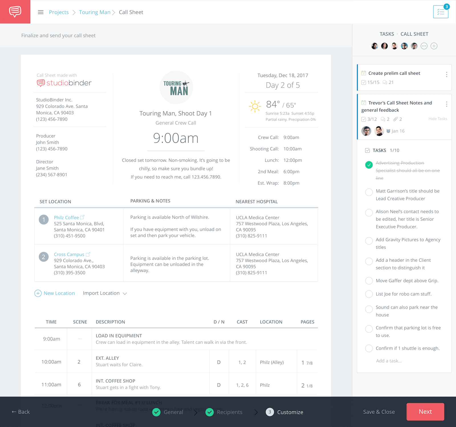StudioBinder Software for Film Production software - Film Call Sheet Template with Tasksa and Collaboration