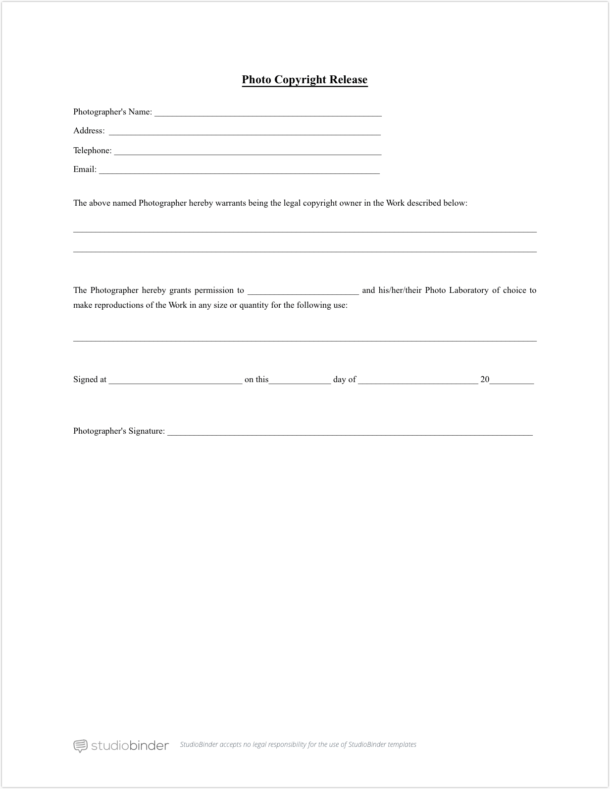Simple Photo Release Copyright Form Template PDF - StudioBinder