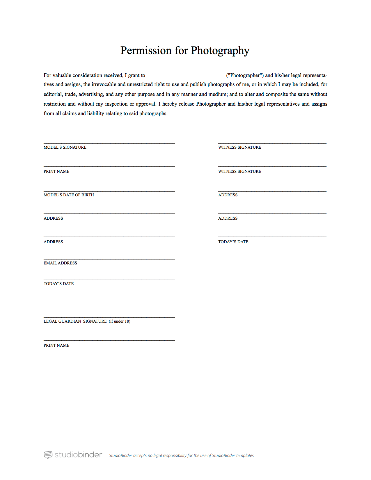 The Best Free Model Release Form Template for Photography In Blank Legal Document Template