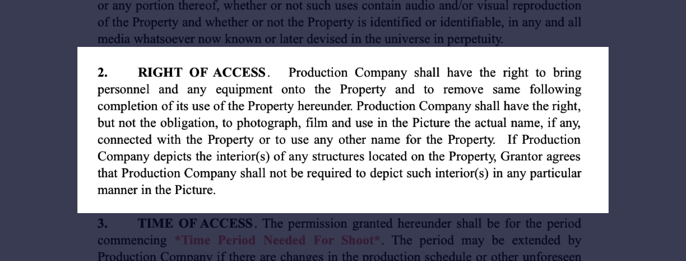 2 - Film Location Release Form Excerpt - Right of Access