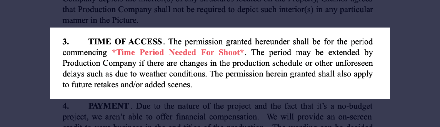 3 - Film Location Release Form Excerpt - Time of Access
