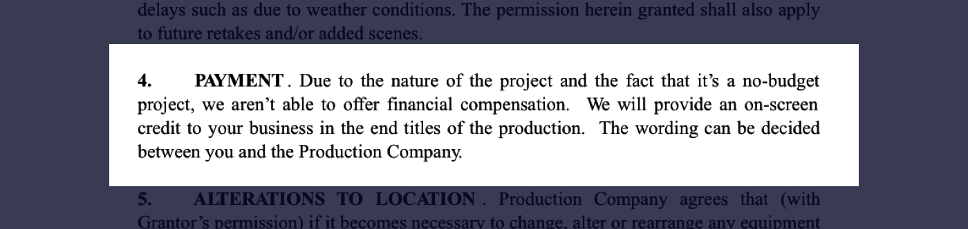 4 - Film Location Release Form Excerpt - Payment