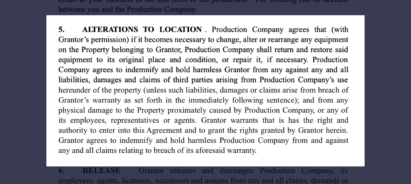5 - Film Location Release Form Excerpt - Alterations to Filming Location