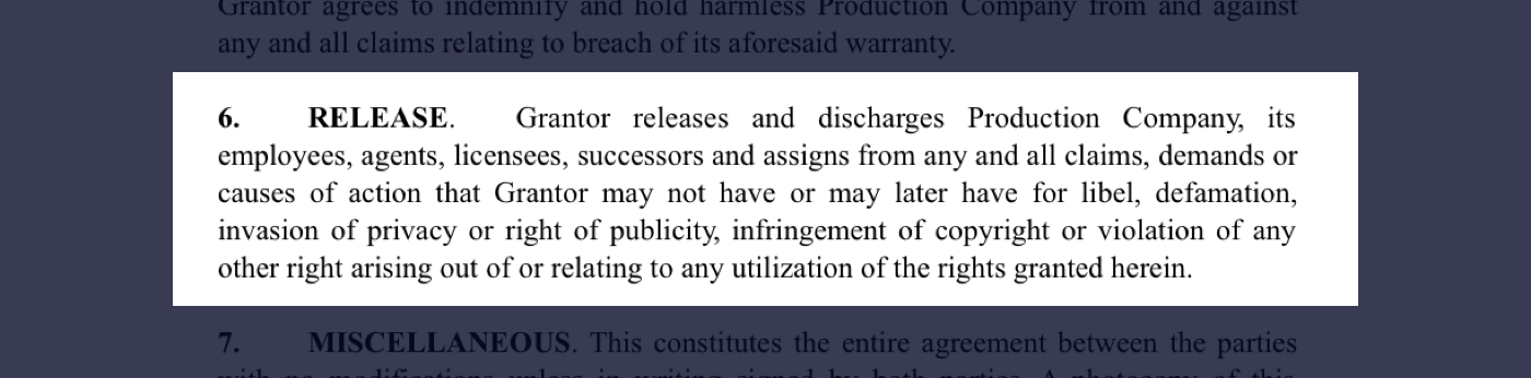 6 - Film Location Release Form Excerpt - Release
