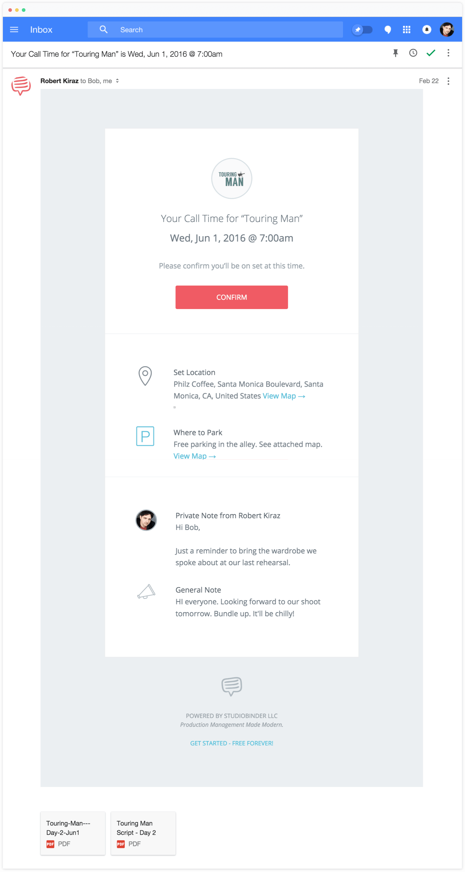 Call Sheet Template in Email Form StudioBinder