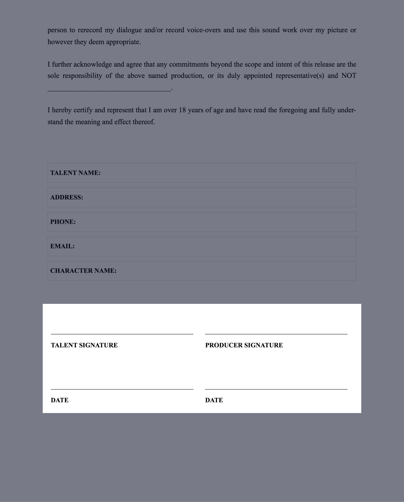 Film Actor Release Form Template - Talent and Producers Signatures - StudioBinder