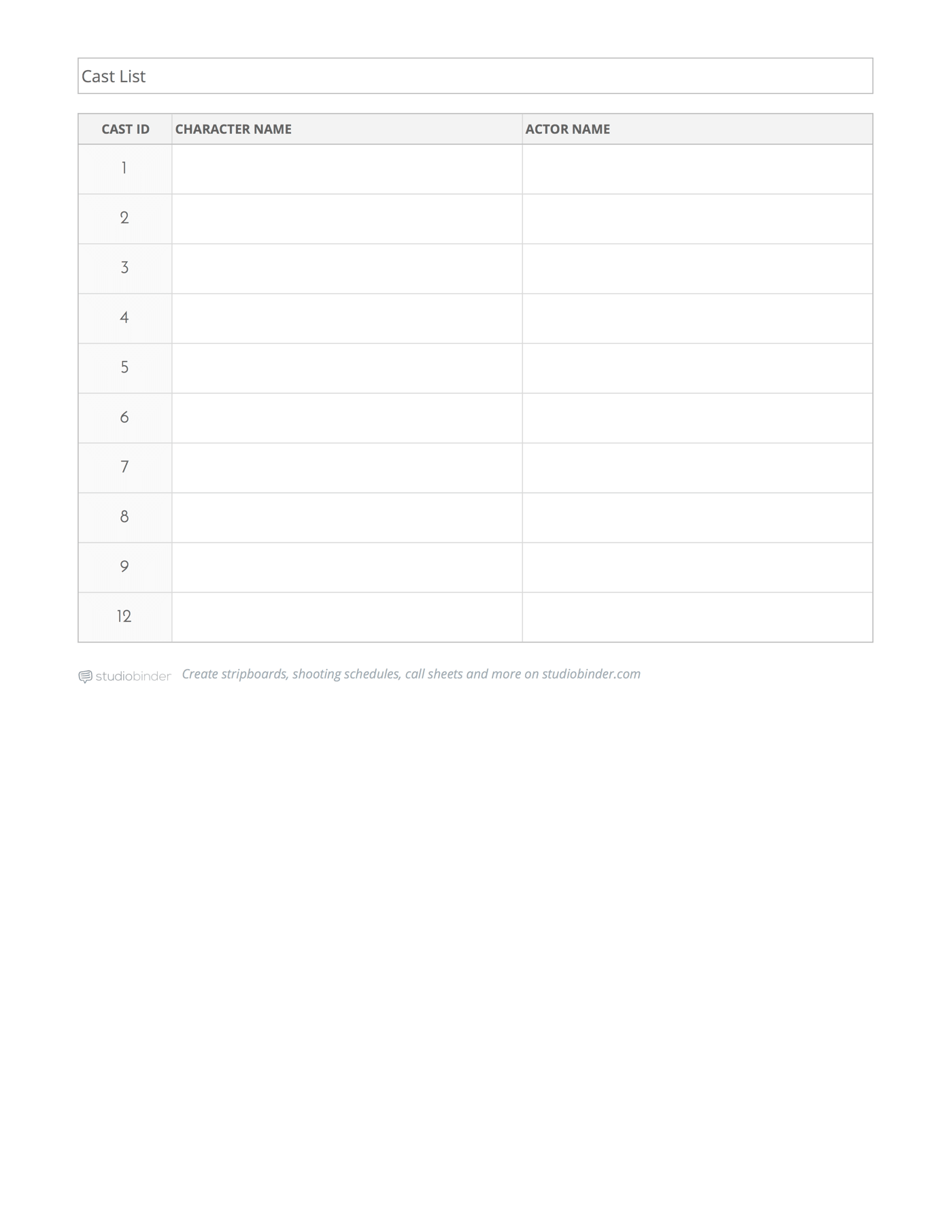 Script Breakdown Sheet Template - Cast List - StudioBinder