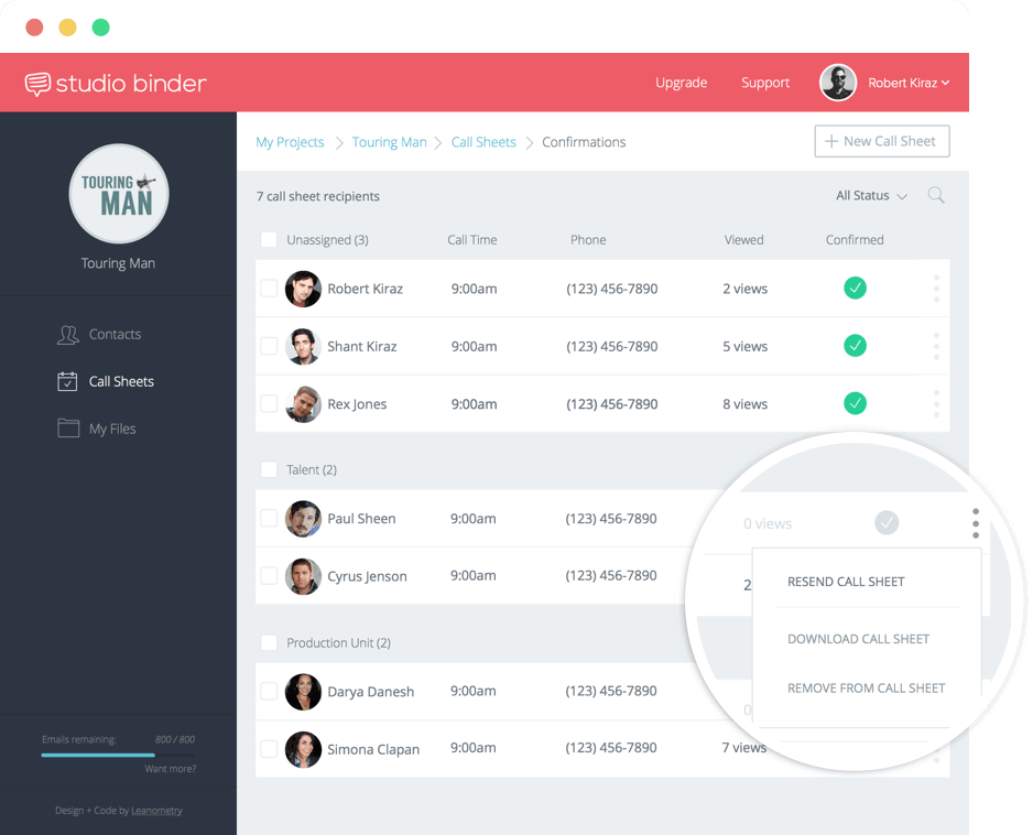 StudioBinder Call Sheet Online - View Call Sheet Confirmations and Views - Video TV and Film Production Management Software