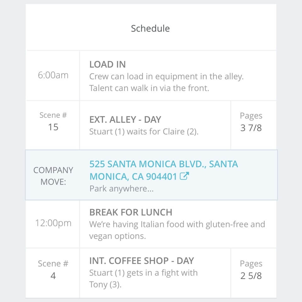 StudioBinder Call Sheet Software - Add Shooting Schedule to Call Sheet - Video TV and Film Production Management Software