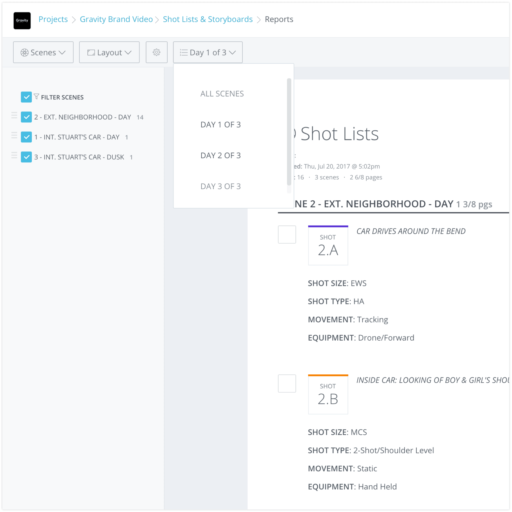 Introducing Shot List and Storyboard Reports - Sort by Day.